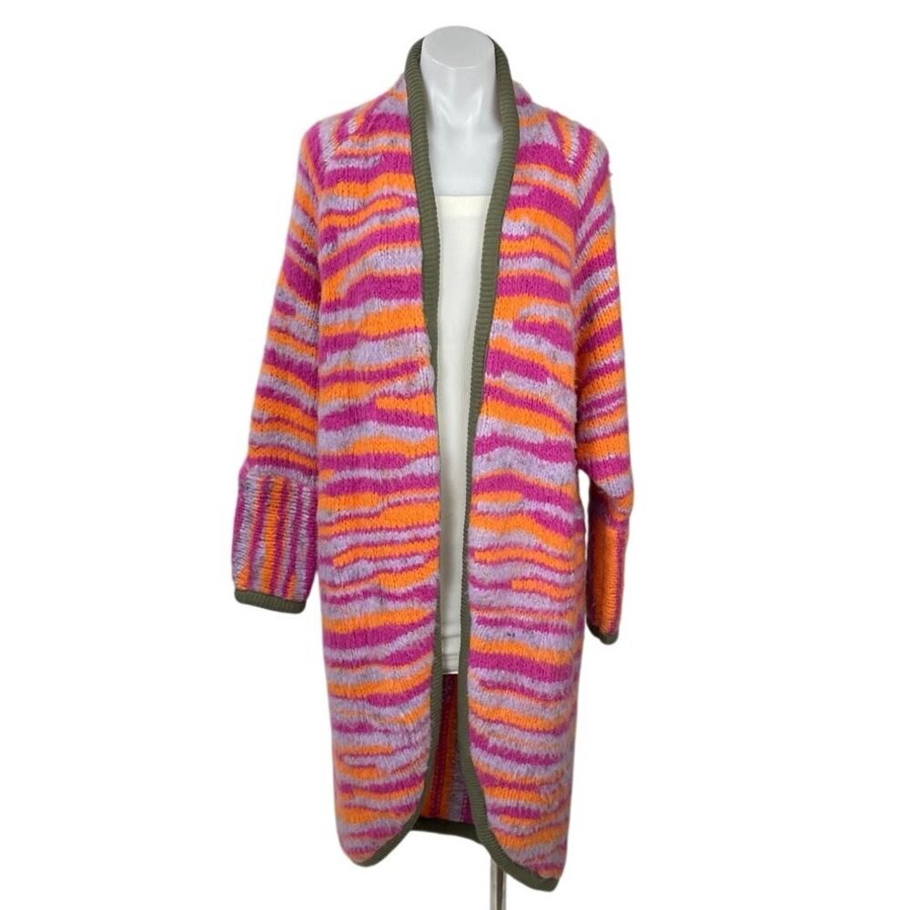 Free People Pink Tiger Abstract Crochet Long Sleeve Maxi Cardigan Sweater Top XS